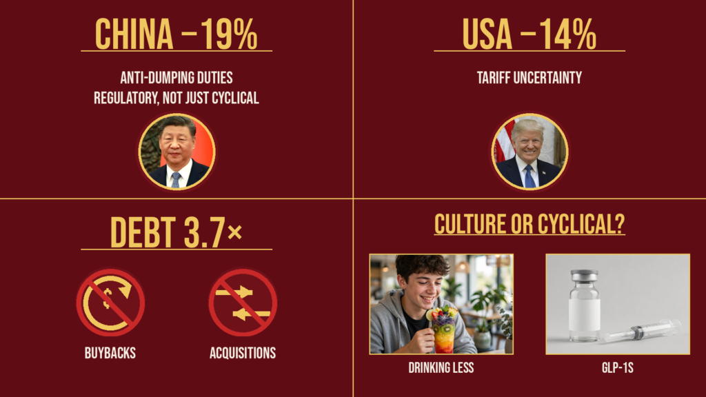 The four flags: China −19%, USA −14%, debt 3.7×, culture or cyclical?